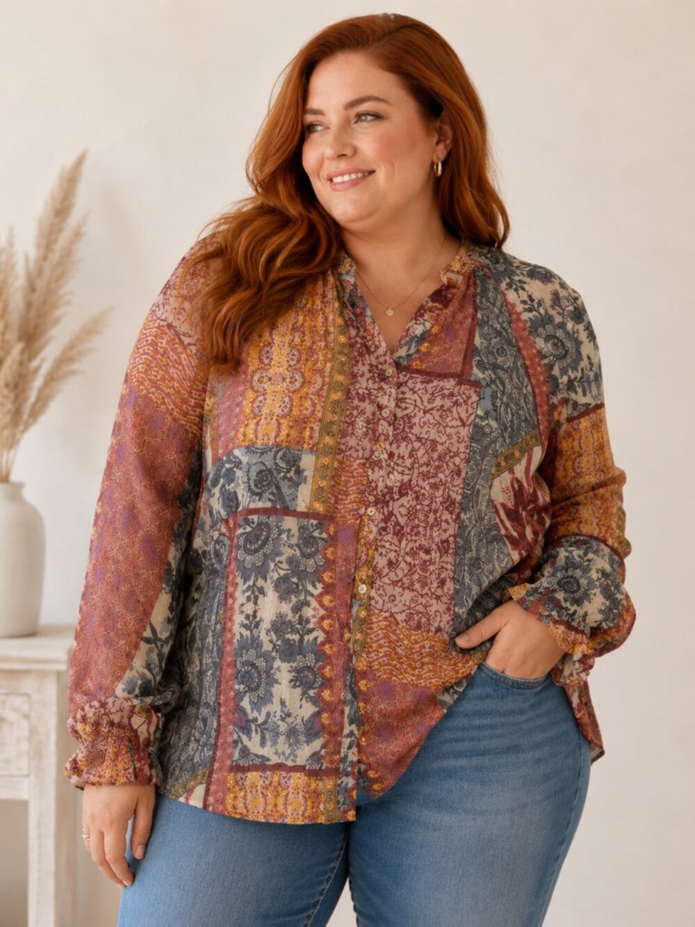 Lane Bryant Patchwork Boho Peasant Blouse 26/28 Sheer Long Sleeve